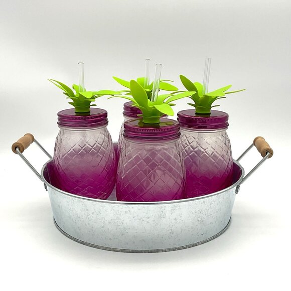 Galvanized 11in Dia Metal Serving Tray 4 Pink Pineapple Mason Jars Set NWT - Picture 1 of 9